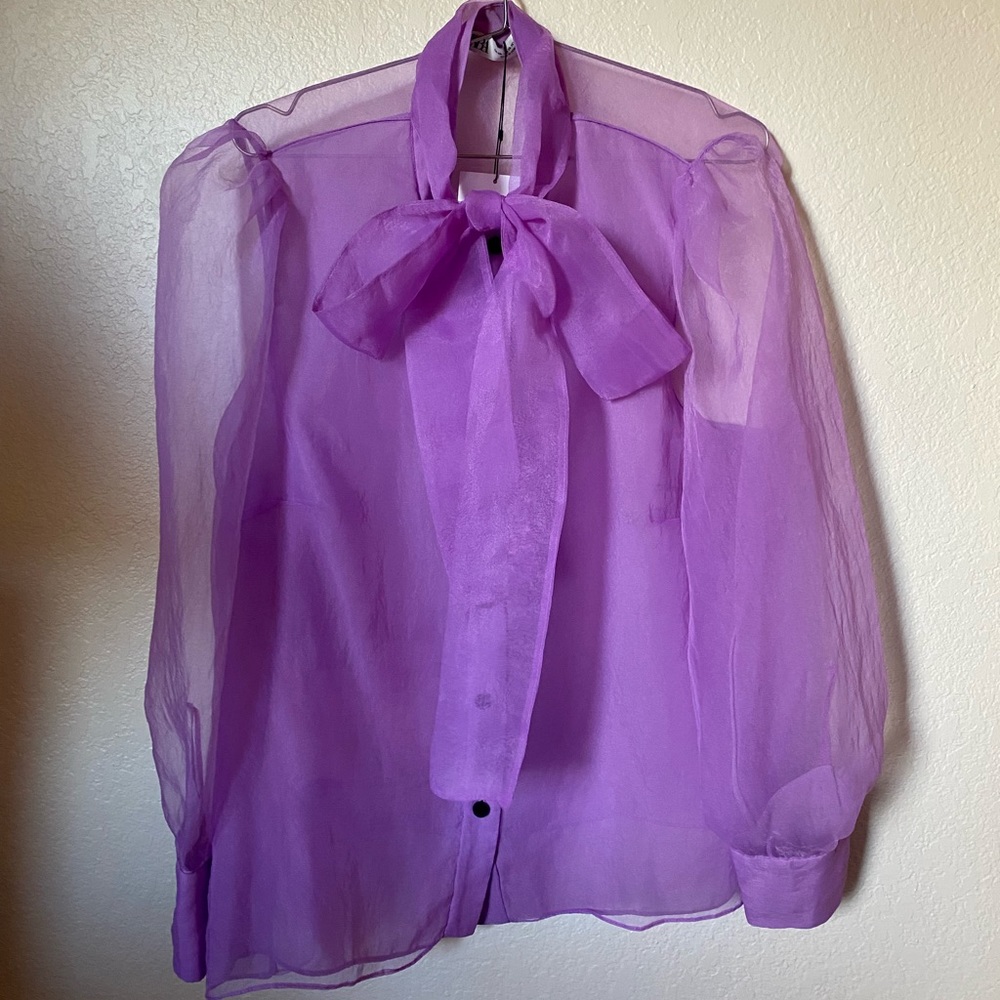 NWT Zara Sheer Purple Pussy Bow Blouse XXL
